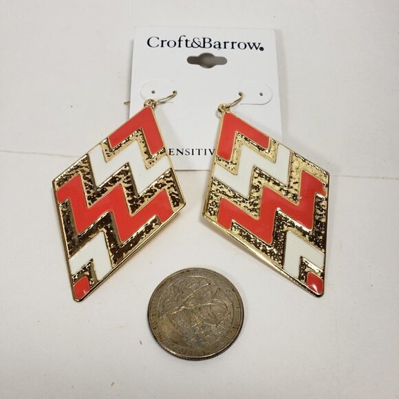 Red Black White Chevron Diamond Shape Drop Earrings – Bold Statement Geometric - Picture 8 of 10